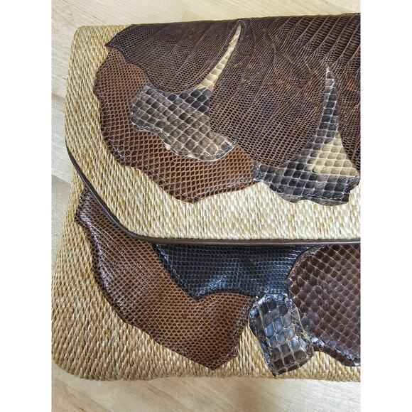 Carlo Fiori Vintage Envelope Straw & Snakeskin Clutch W/ Snap Closure - Picture 12 of 12